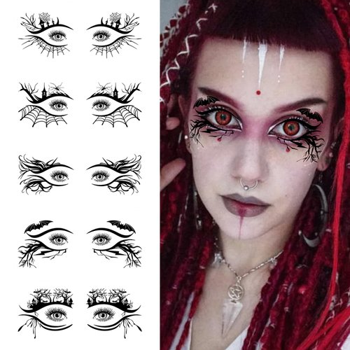 10 Pairs Halloween Eye Shadow Temporary Tattoo Stickers Waterproof Eyeliner Stickers Fake Tattoos for Women Spider Web Skull Bat Makeup Transfer Eyeshadow Stickers Face Decorations for Carnival Party