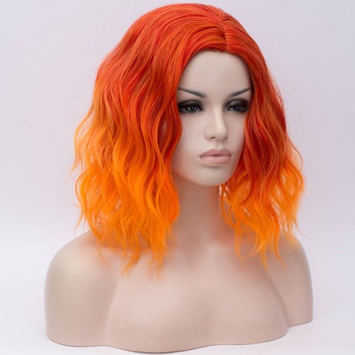 PATTNIUM 14'' Ombre Orange Wig Short Wavy Wig Fire Color Wig for Women Girls Shoulder Length Flame Wig Heat Resistant Synthetic Wig (Ombre Orange)