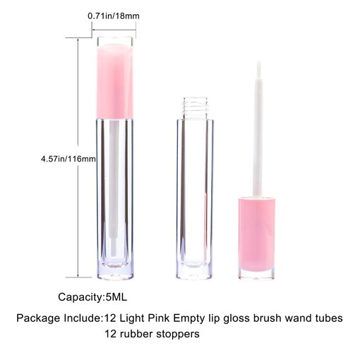 Lip Gloss Brush Wand Tubes Empty, 12 Pack 5ml Containers with Wand, 12 Light Pink Tubes with Rubber Stoppers for DIY Balm (Light Pink)