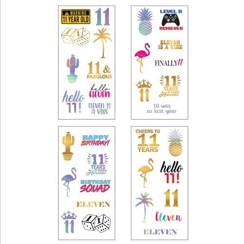 11th Birthday Temporary Tattoos (4 Pages) - 11th Birthday Party Supplies, Ideas, Gifts and Decorations