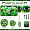Green Gamer Birthday Party Decoration - 217Pcs Video Game Gaming Party Supplies For Boys Birthday Party - Backdrop, Table Cover, Plates, Cups, Napkins, Utensils, Hanging Swirls, Cupcake Topper, Cake