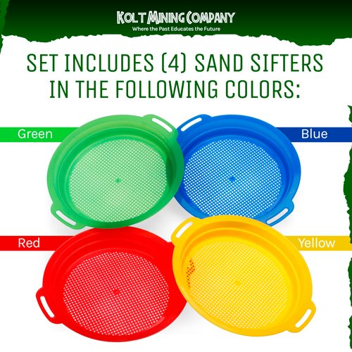 Kolt Mining Sand Sifter Set – Teach Kids Sieve, Play, Explore and Discover Hidden Treasures – Made in The USA – Set of 4 – Blue, Green, Red and Yellow – 10.5 x 2 inches