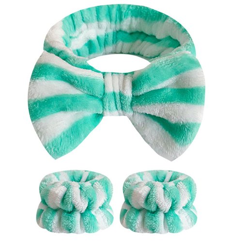 Wrahonbi Makeup Headbands, 1pcs Spa Headband Fluffy Bow Tie Headband Microfiber Face Headband, and 2Pcs Wrist Spa Wash Band Absorbent Wristbands, for Washing Face Skin Care Green