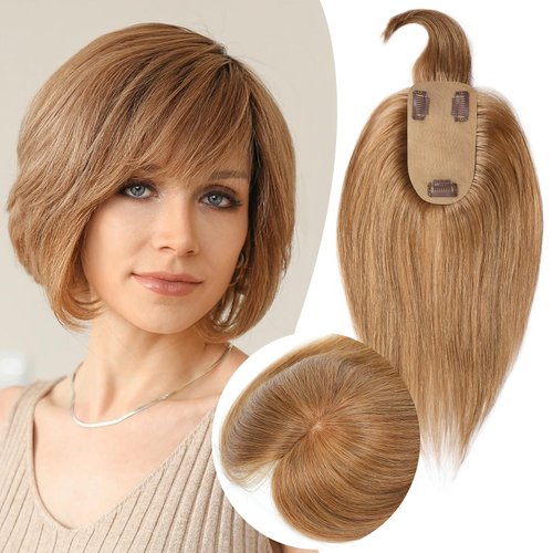 GYMSPT Hair Toppers for Women Real Human Hair, Human Hair Topper for Thinning Hair Clip in Toppers Hair Pieces With Bangs Remy Hair Extensions for Gray Hair Hair Loss Cover 10" Light Brown