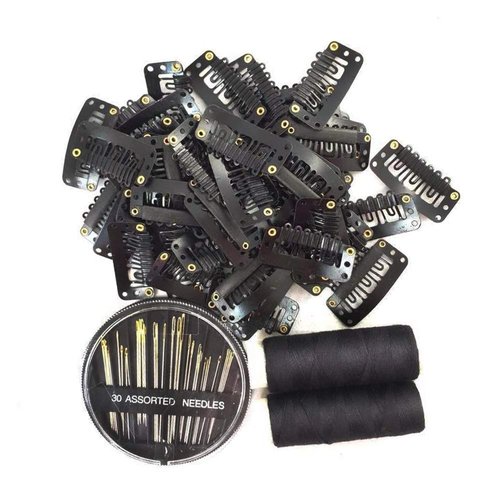 50Pcs Wig Clips 32mm Snap Clips For Hair Extensions I Shape Hair Clips Tools 6 Teeth Black Color Hair Extension Clips 30 Assorted Sewing Needles and 2 Rolls Thread (Black)