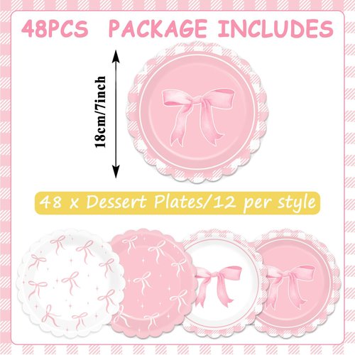 48pcs Pink Bow Party Supplies Bow Birthday Party Plates 7’’ Pink Bow Party Decor for Girl Bachelorette Bridal Engagement Baby Shower Coquette Cute Plates She's Tying the Knot Bachelorette Party Decor