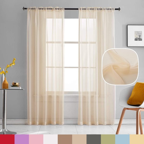 TOAVA DECO Beige Sheer Curtains 84 Inches Long 2 Panels Translucent Light Filtering Rod Pocket Beige Sheers Voile Curtain Panels for Bedroom Living Room 52x84 Inch Length