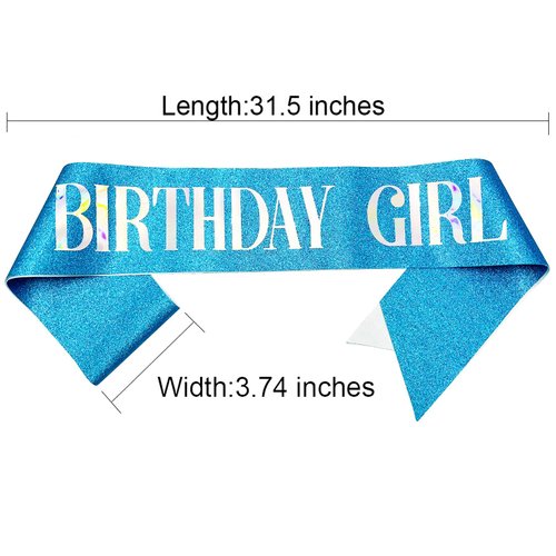 NAUXIUDSJS Birthday Girl Sash, Birthday Sash for Women Glitter Sash with Multicolor Foil, Party Favors Supplies for Sweet 16, 18th 21st 30th or Any Bday Party,Blue