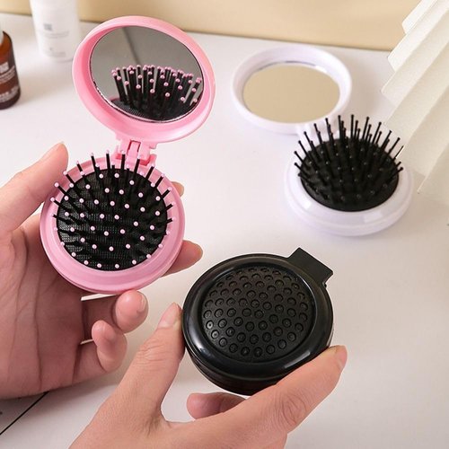 2Pcs Folding Travel Hair Brush with Mirror, Round Portable Folding Pocket Hair Brush Mini Hair Massage Compact Mirror with Comb Travel Size for Men Women Styling Tools and Appliances(Black and Pink)