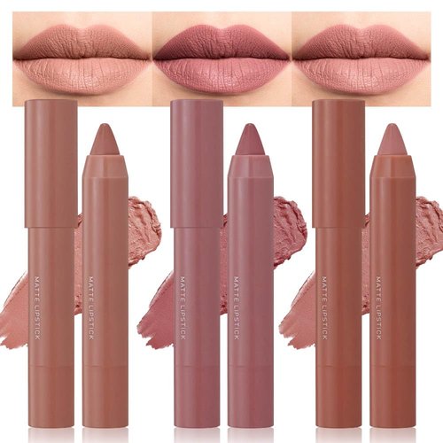 3 Colors Matt Nude Lipstick Lipliner Lip Crayons Pack Set,Velvet Moisture Smooth Matte Lipstick P...