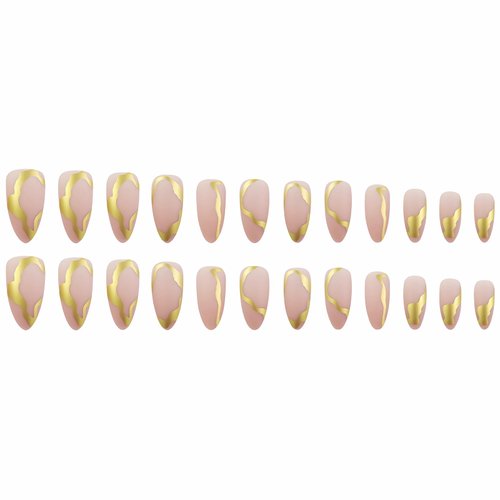 MISUD Press on Nails Medium Almond Fake Nails Matte Glue on Nails Nude Pink Acrylic Nails Stiletto Artificial Nails Gold Chrome Swirl Stick on False Nails with Design 24 pcs