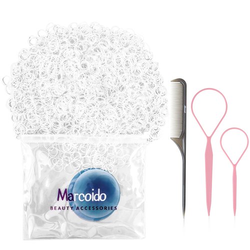 Marcoido Hair Ties Set, 1500pcs Clear Small Hair Rubber Elastics, Braids Locs Styling Tools with 2 Ponytail Makers and 1 Rat Tail Comb, For Baby Toddlers Kids Men Women