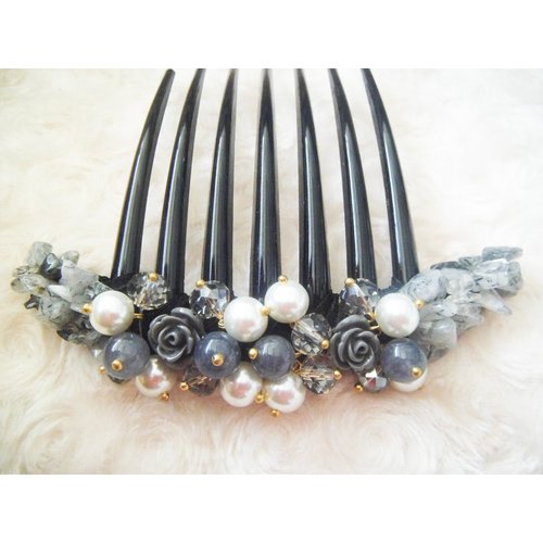 Side Comb Hair Accessories French twist hair comb Ornamented along the top of the heading with Pearl & Stone (Gray)