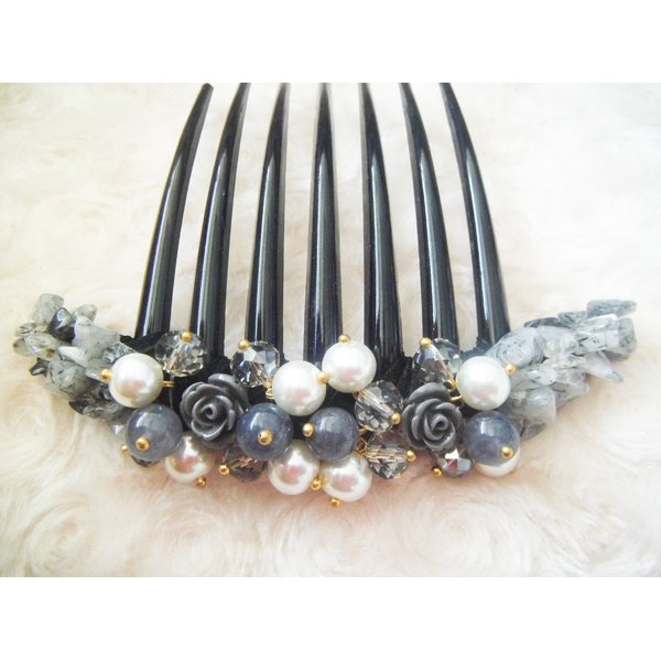 Side Comb Hair Accessories French twist hair comb Ornamented along the top of the heading with Pearl & Stone (Gray)