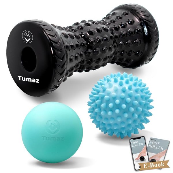 Tumaz Massage Ball & Foot Roller 3-in-1 Set with Spiky Ball, Lacrosse Ball, Massage Roller - Ergonomic Design to Relieve Plantar Fasciitis, Foot Massager for Deep and Superficial Muscle Pain