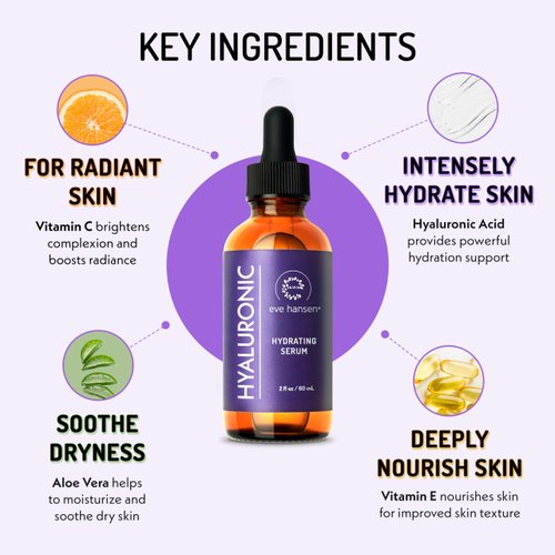 Eve Hansen Hyaluronic Acid Serum for Face (2 oz) | Hydrating Face Serum with Vitamin C + E, Wrinkle Filler, Moisturizer, and Natural Plumper | Cruelty Free, Vegan Anti Aging Serum