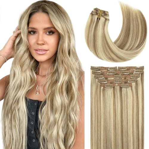 Lacer Hair Real Hair Extensions Clip In Human Hair Soft Virgin Hair For Women Light Brown Highlighted Platinum Blonde Color Thick Full Head Hair Extensions 120g 7 Pieces 18 Inch