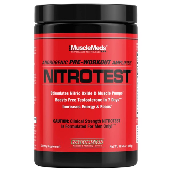 MuscleMeds Nitrotest Pre-Workout Supplement Drink, Boost Nitric Oxide, Testosterone, Watermelon, 30 Servings, 1.03 Pound, 1 Count