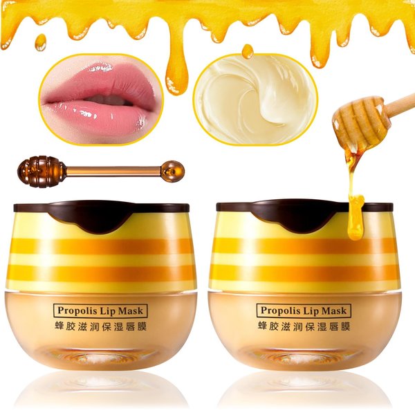 2PCS Bee Lip Balm Honey Pot,Moisturizing Lip Balm Reduces Lip Lines,Propolis Honey Pot Lip Balm Hydrating Prevention Dry and Cracked Lip Scrubs Exfoliator,Exfoliating Lip Sleeping Mask with Brush