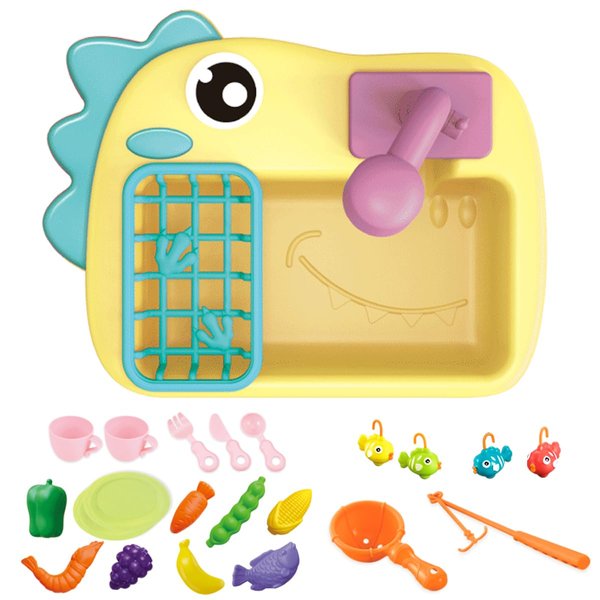 Kitchen Sink Toys with Running Water and Electric Faucet Automatic Water Cycle System，Play Kitchen Toy Accessories for Toddler (Yellow Dinosaur Sink Toy)