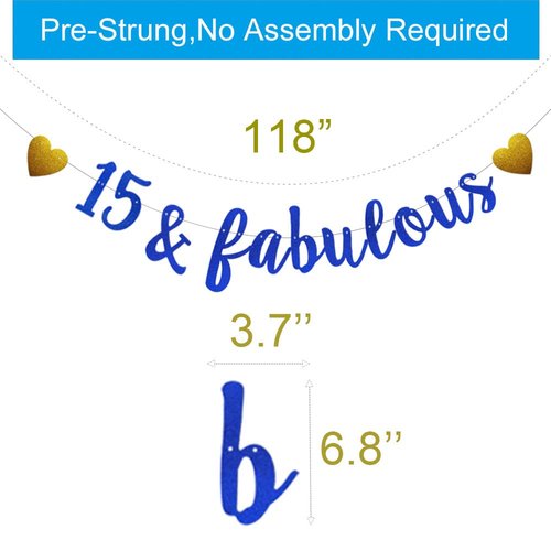 15 & Fabulous Banner,Pre-Strung,Blue Glitter Paper Banner Sign Garlands,15th Birthday/Anniversary Party Decorations Supplies,Letters Blue,SUNbetterland