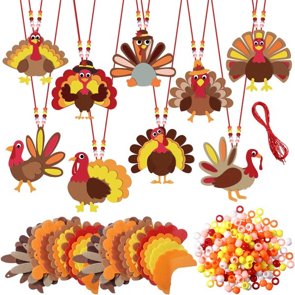 Otuuz 18 Set Thanksgiving Crafts for Kids Adults Turkey Necklace Crafts Kits DIY Thanksgiving Activity Game Fall Party Favors Gifts for Age 4 8 12