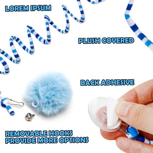 Audoloku 3 Pcs Cat Spring Toys with Self Adhesive Suction Cup Door Ceiling Hanging Cat Toy Interactive Kitten Coil Toys for Indoor Cat Ball Toys with Bell, Foldable Plush Rope Tail Cat Teaser Toy