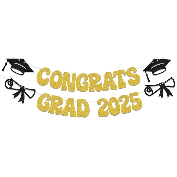 Congrats Grad 2025 Banner Graduation Theme Party Decoration Graduation Banners Garland for Congratulation Graduation Party Supplies Graduation Decorations Class of 2025 Gold