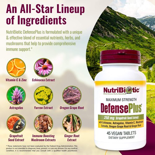 NutriBiotic – DefensePlus, 45 Tablets | 11 in 1 Immune Support with Vitamin C, Zinc, Grapefruit Seed Extract, Echinacea, Astragalus Root & Immune Boosting Extracts & Mushrooms | Vegan & Gluten Free