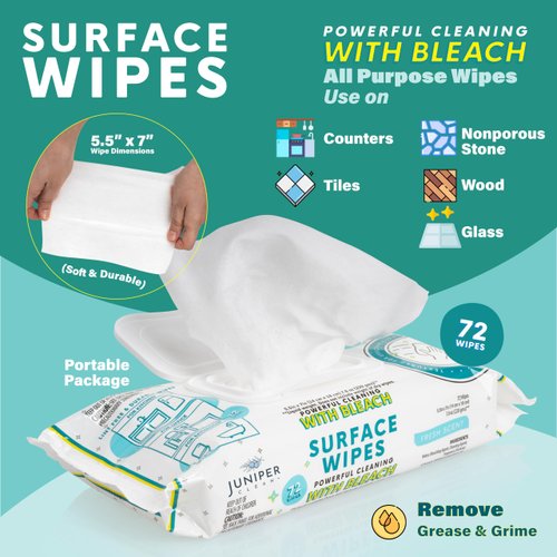 Juniper CLEAN 1 Pack Surface Wipes with Bleach, All-Purpose Cleaner for Bathroom, Kitchen, Office, 72 Count Soft Flow, Fresh Scent, Lint Free & Durable