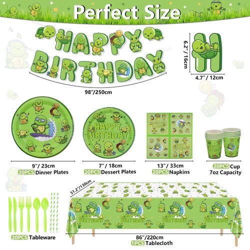 162Pcs Turtle Party Decorations - Cute Turtle Birthday Decorations Include Turtle Theme Plates, Napkins, Cups, Birthday Banner for Under the Sea Party Decoration Boys Girls Party Supplies, Serve 20