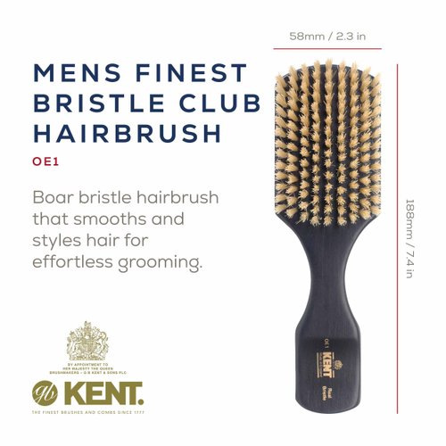 Kent OE1 Boar Bristle Club Brush, Travel Size Natural Boar Bristle Hair Brush for Men Wave Brush for Hair and Beard, Ebony Wood Finest Mens Kent Brush