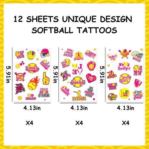 Serencatcher 144 Pcs Softball Temporary Tattoos for Girls, Softball Baseball Party Favors Tattoos Stickers Waterproof for Softball Birthday Party Decorations Softball Gifts Sports Club Team Rewards