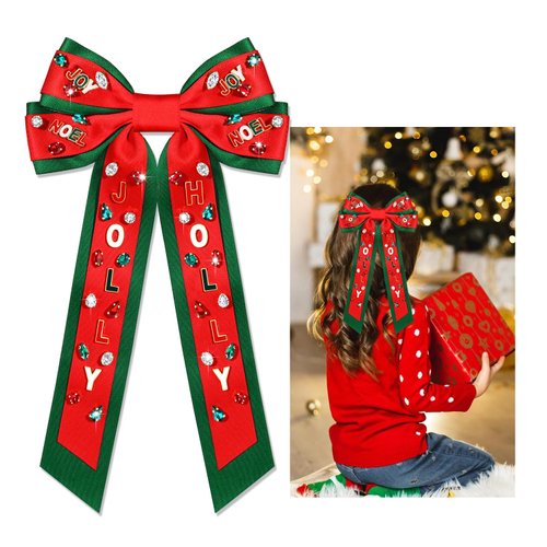 Christmas Bow Clips Pearl Rhinestone Christmas Tree JOLLY Decor Hair Bow Clip Christmas Holiday P...