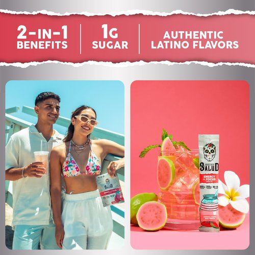 Salud 2-in-1 Energy Drink Powder + Focus, Guava, Organic Caffeine, B6 + B12, Theanine, Clean Energy Drink Packets, Guayaba Agua Fresca Mix, Non-GMO, Gluten Free, Vegan, 1g of Sugar, (15 Servings)