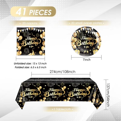 41Pcs Black and Gold Birthday Decorations,Happy Birthday Party Supplies Disposable Tableware Set Black Gold Birthday Paper Plates Napkins Tablecloth丨Happy Birthday Decorations for Men Women,Serve 20