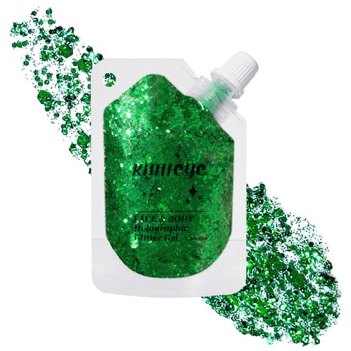 Holographic Face Glitter Gel Body Shimmer Makeup for for Hair, Face, Clavicle, Arm, Nail, Eyeshadow, Long Lasting Waterproof Party Glitter for St. Patrick's Day, 1.35oz (Grass Green #16)