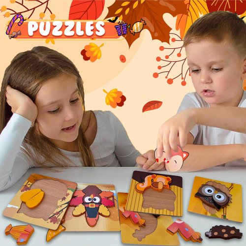 Thanksgiving Wooden Puzzles Gift for Toddler, 6 Pack Puzzles Thanksgiving Autumn Fall Harvest Party Favors for Toddlers 1 2 3 Year Old Boys Girls