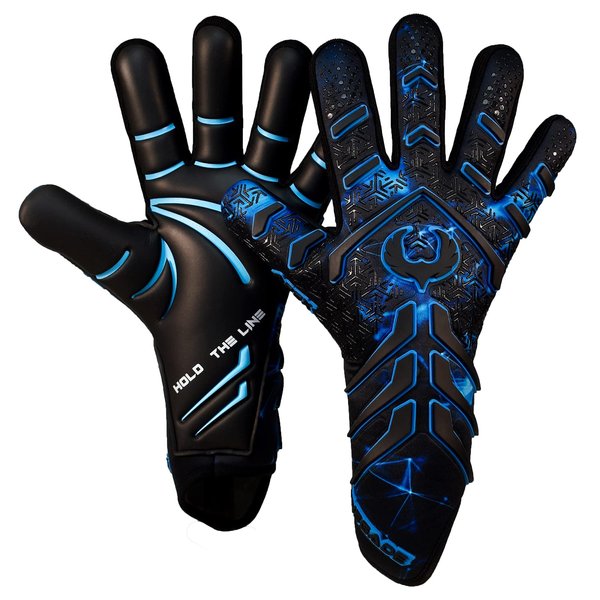 Renegade GK Apex Orion 2.0 Professional Strapless Goalie Gloves | 4mm EXT Contact Grip | Black & Blue Soccer Goalkeeper Gloves (Size 7, Youth, Junior, Evo Neg. Cut, Level 5.5)