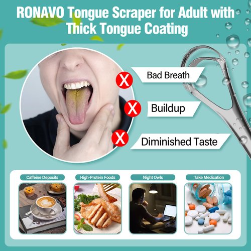 RONAVO Tongue Scraper for Adult with Thick Tongue Coating, Dual Scraping Head Design for Deep Clean, Stainless Steel Tongue Cleaner, Bad Breath Gone, Help Improve Oral Hygiene