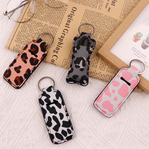 DMLSKY Chapstick Holder Keychain Lip Balm Holder Sleeve Pouch for Mini Lipstick, Cow Print