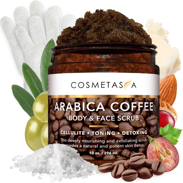 Cosmetasa Organic Arabica Coffee Scrub Bundle with Exfoliating Gloves - 2 in 1 Coffee Face Scrub + Coffee Exfoliating Body Scrub for Women & Men - Natural Coffee Scrub Body Exfoliator for Cellulite