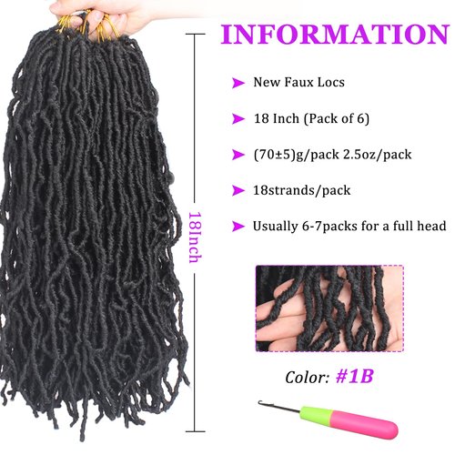 18 Inch 6 Packs New Faux Locs Crochet Hair Pre-Looped Wavy Black Soft Faux Locs Crochet Braiding Hair for Women Dreadlocks Hair Synthetic Hair Extensions (18 Inch,1B#)