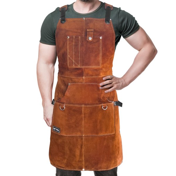 FIGHTECH® Leather Work Apron with Tool Pockets For Welding w Kevlar Stitching | Woodworking Shop | Adjustable M-XXL (Brown, Leather)