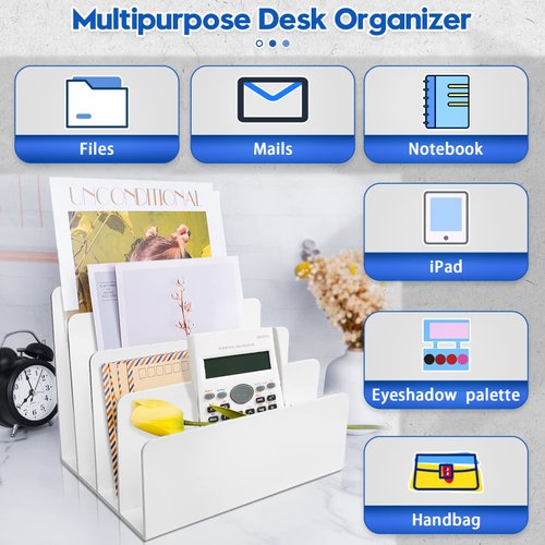 Goihgioh 4 Section Acrylic File Organizer for Desk, White Acrylic Desk Organizer and Accessories, Sturdy & Thick Acrylic File Folder Holder Sorter, Office Supplies for Mail Letter Paper Electronic