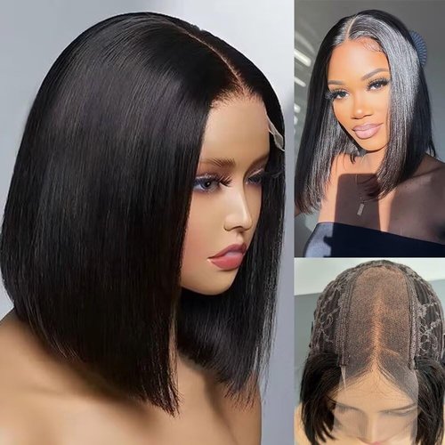 2X6 Deep Parting SKINLIKE Real HD Human Hair Short Bob Wigs Pre Plukced 0.10mm Ultra-thin Invisible Swiss HD Lace Closure Single Knot Undetectable Melted Lace Closure Wigs 180% Density 10Inch