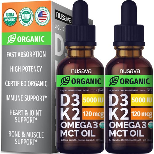 (2 Pack) Organic Vitamin D3 K2 Drops w MCT Oil Omega 3, 5000 IU, Vitamin D Liquid 5000 IU, No Fillers, Non-GMO Liquid D3 for Body’s Defenses & Faster Absorption, Unflavored, 2 Fl Oz Liquid Vitamin D3