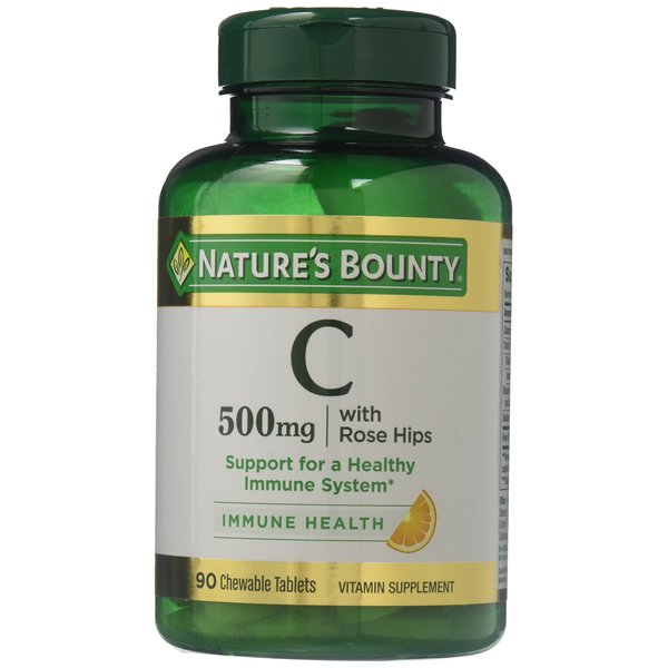 Nature's Bounty Vitamin C with Rose Hips USP, 500 mg, Chewable Tablets, Orange, 90 Count, Pack of 2