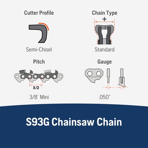Husqvarna X-Cut S93G 18 Inch Chainsaw Chain, .3/8" Pitch, .050" Gauge, 62 Drive Links, 350i Chainsaw Chain Replacement