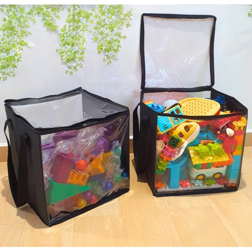 SAM AND MABEL Portable 2-Pack Cube Storage Bins - 27L PVC Boxes with Transparent Top and Sides - Durable and Foldable Multipurpose Storage for Toys, Clothes, Deco (Black)